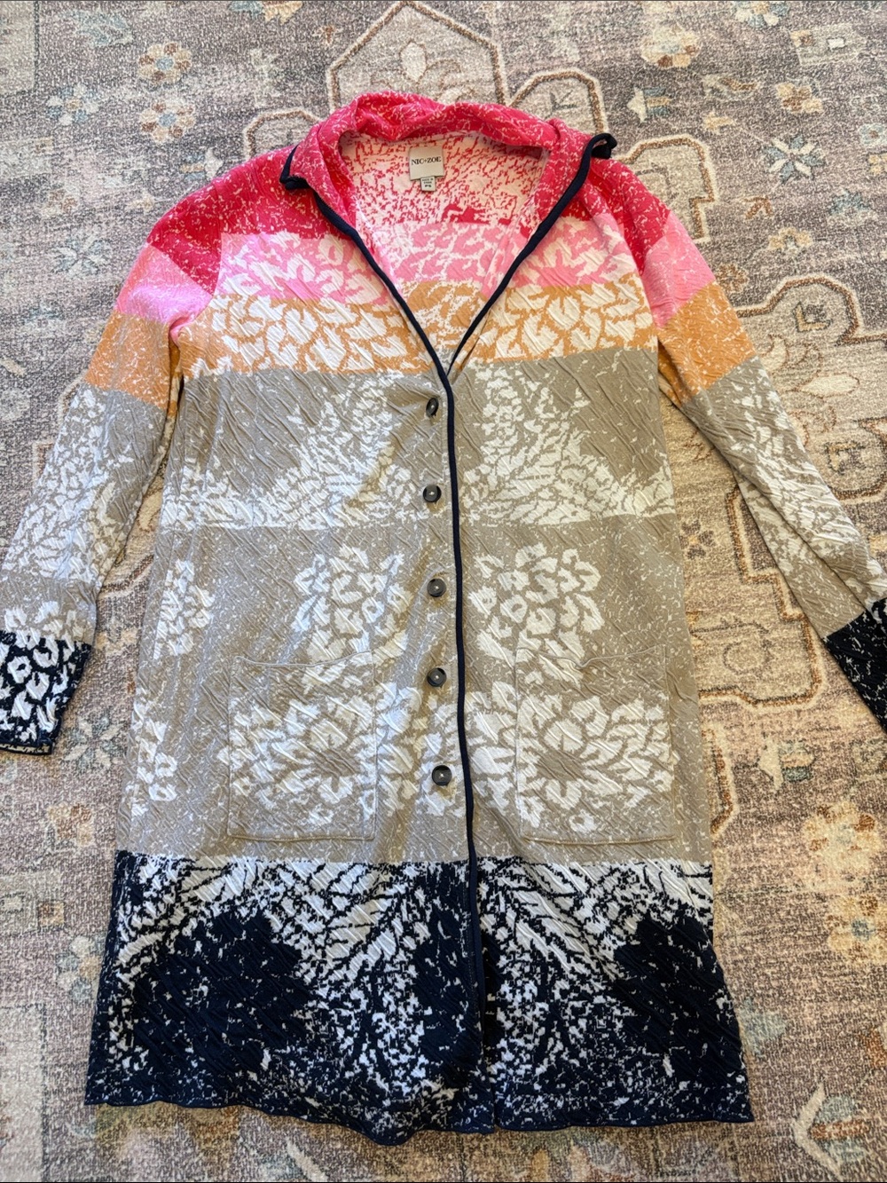Nic & Zoe Colorblock Floral Button-Front Long Cardigan